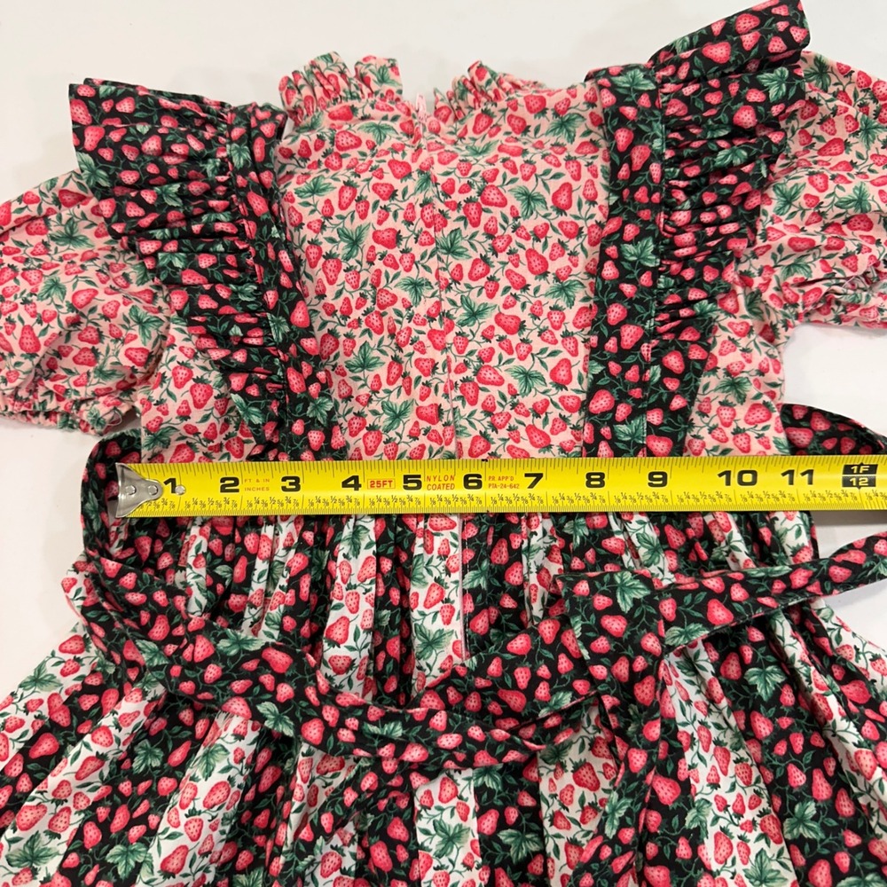 Vintage Strawberry Print Ruffle Dress Girls Toddler Red/Black Floral Cottagecore - Picture 5 of 6